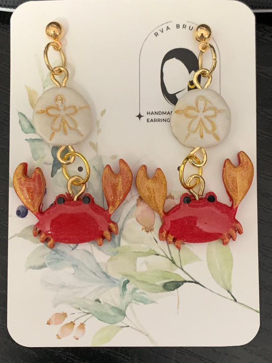Red Crab Beach Earrings with Sand Dollar Studs Lightweight Summer Dangle Jewelry Coastal Statement Style Gift for her