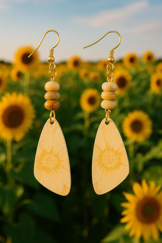 Sunburst yellow floral drop earrings with gemstone beads boho chic handmade design lightweight dangles summer style Gift for her