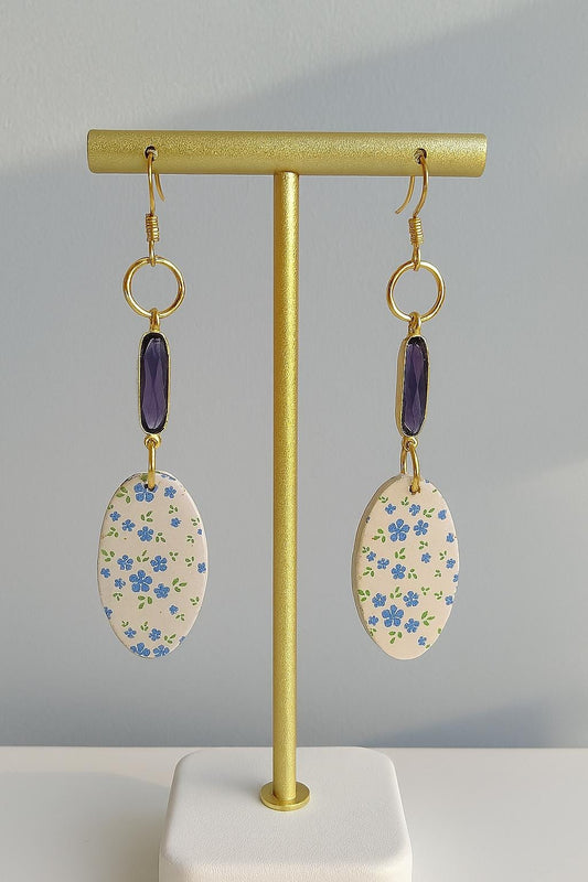 Floral polymer clay earrings with purple gemstone accent gold dangle lightweight oval earrings handmade vintage inspired Gift for her