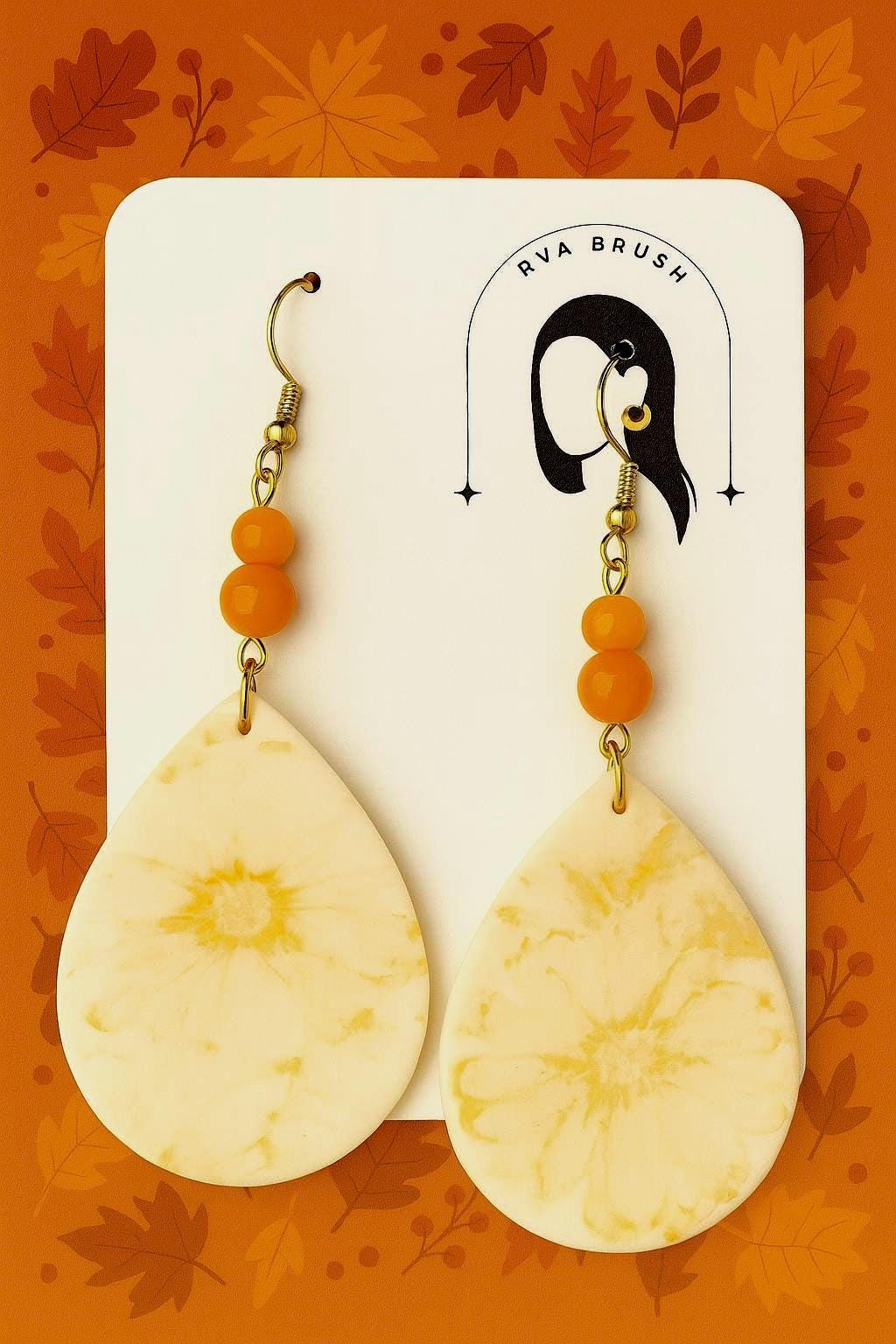 Yellow Flower Teardrop Clay Earrings with Orange Beads Lightweight Handmade Fall Jewelry Statement Style Gift for her