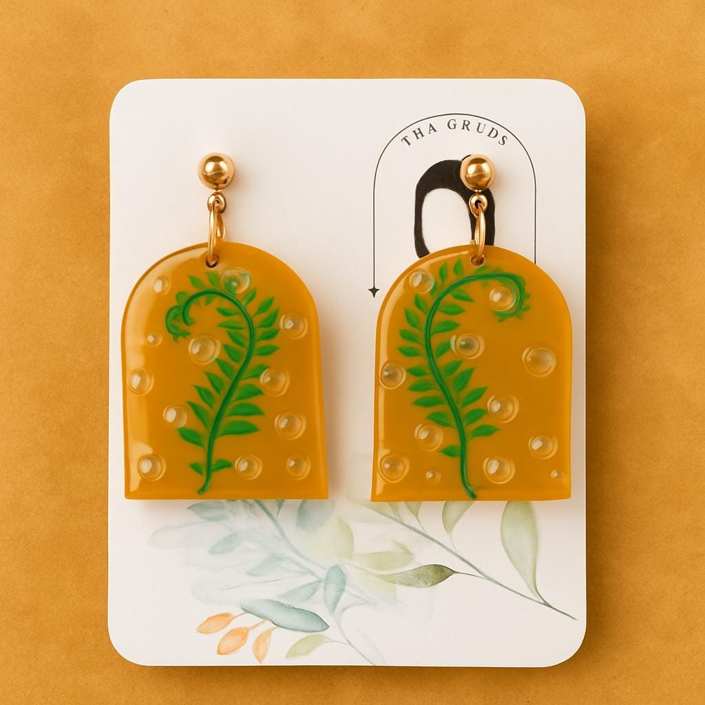 Fern Leaf Amber Polymer Clay Earrings Botanical Resin Dangle Handmade Nature Inspired Statement Jewelry Gift for her