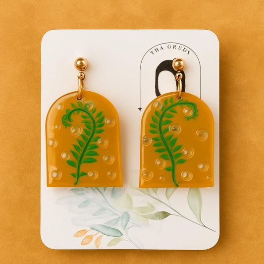 Fern Leaf Amber Polymer Clay Earrings Botanical Resin Dangle Handmade Nature Inspired Statement Jewelry Gift for her