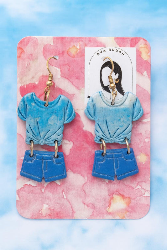 Blue T Shirt and Shorts Earrings Polymer Clay Summer Statement Jewelry Lightweight Handmade Fun Whimsical Fashion Gift for her Unique Style