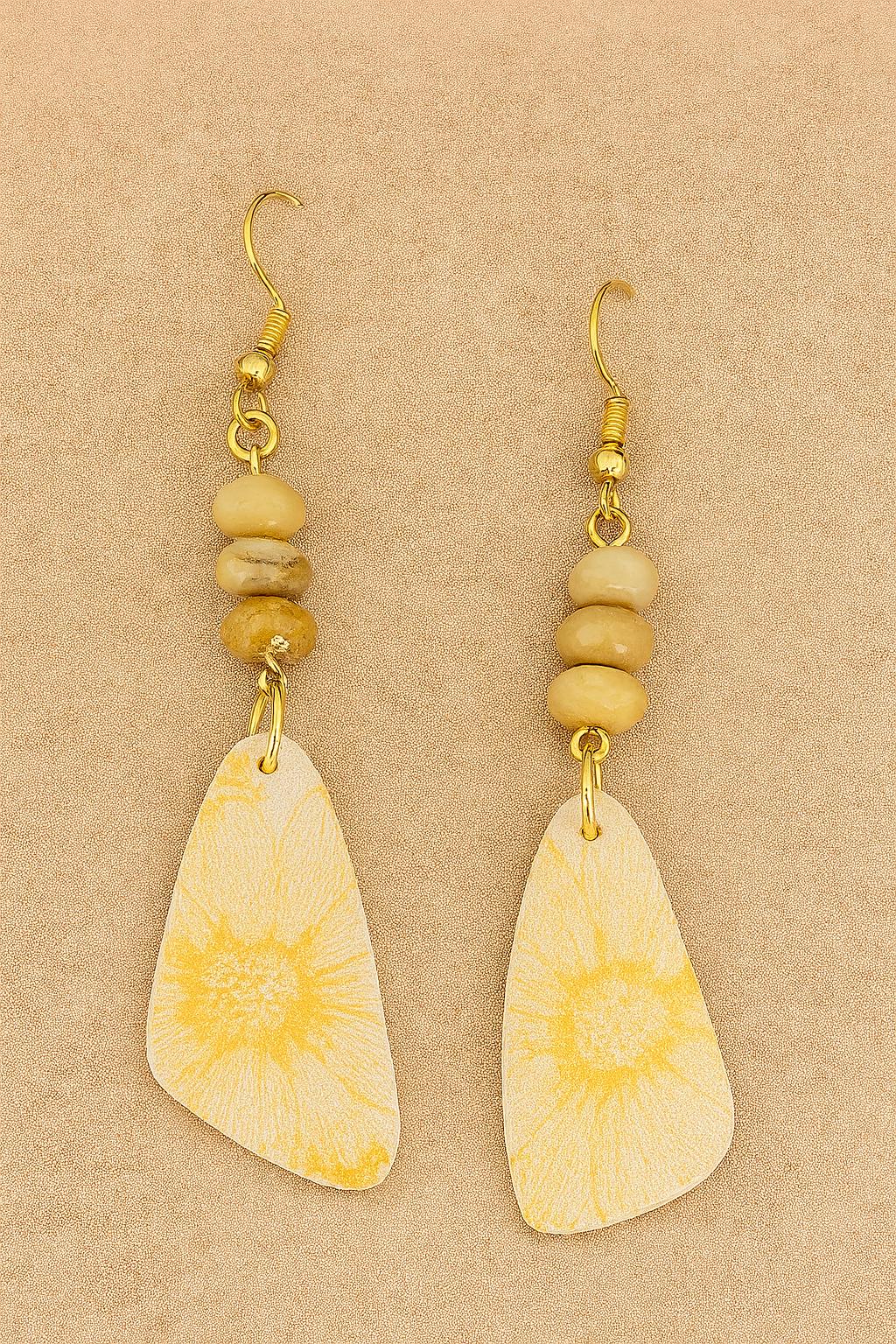 Sunburst yellow floral drop earrings with gemstone beads boho chic handmade design lightweight dangles summer style Gift for her