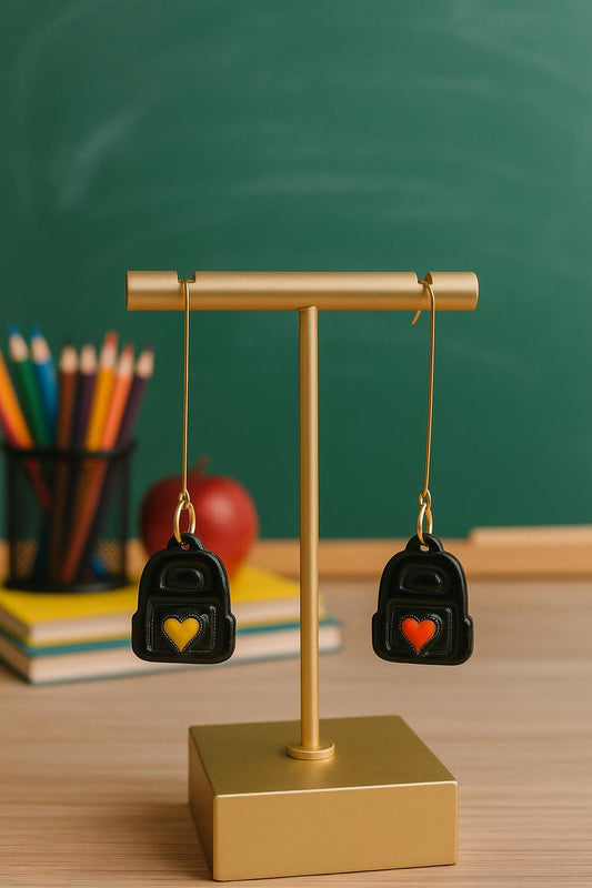 Back to School Backpack Earrings Handmade Polymer Clay Accessories with Heart Detail Teacher Gift Unique Jewelry Gift for her