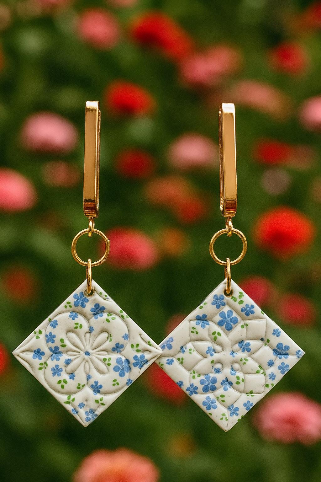 Blue Floral Tile Earrings Polymer Clay Handmade Lightweight Statement Jewelry Unique Art Deco Inspired Dangle Gift for her Summer Accessory