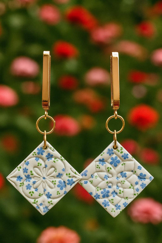 Blue Floral Tile Earrings Polymer Clay Handmade Lightweight Statement Jewelry Unique Art Deco Inspired Dangle Gift for her Summer Accessory