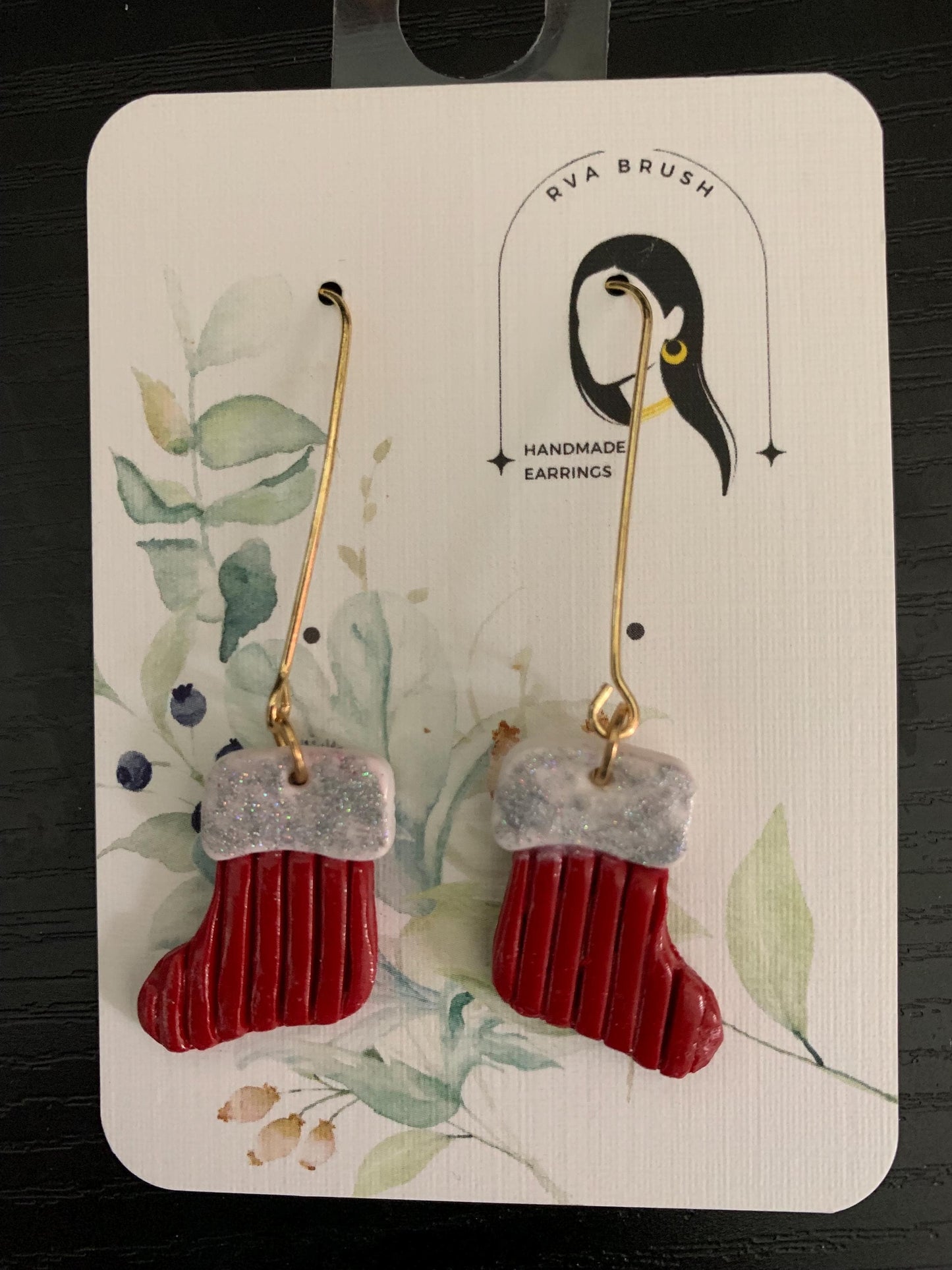 Christmas Stocking Earrings Handmade Polymer Clay Holiday Jewelry Festive Red and Silver Dangle Earrings Winter Accessory Gift for her