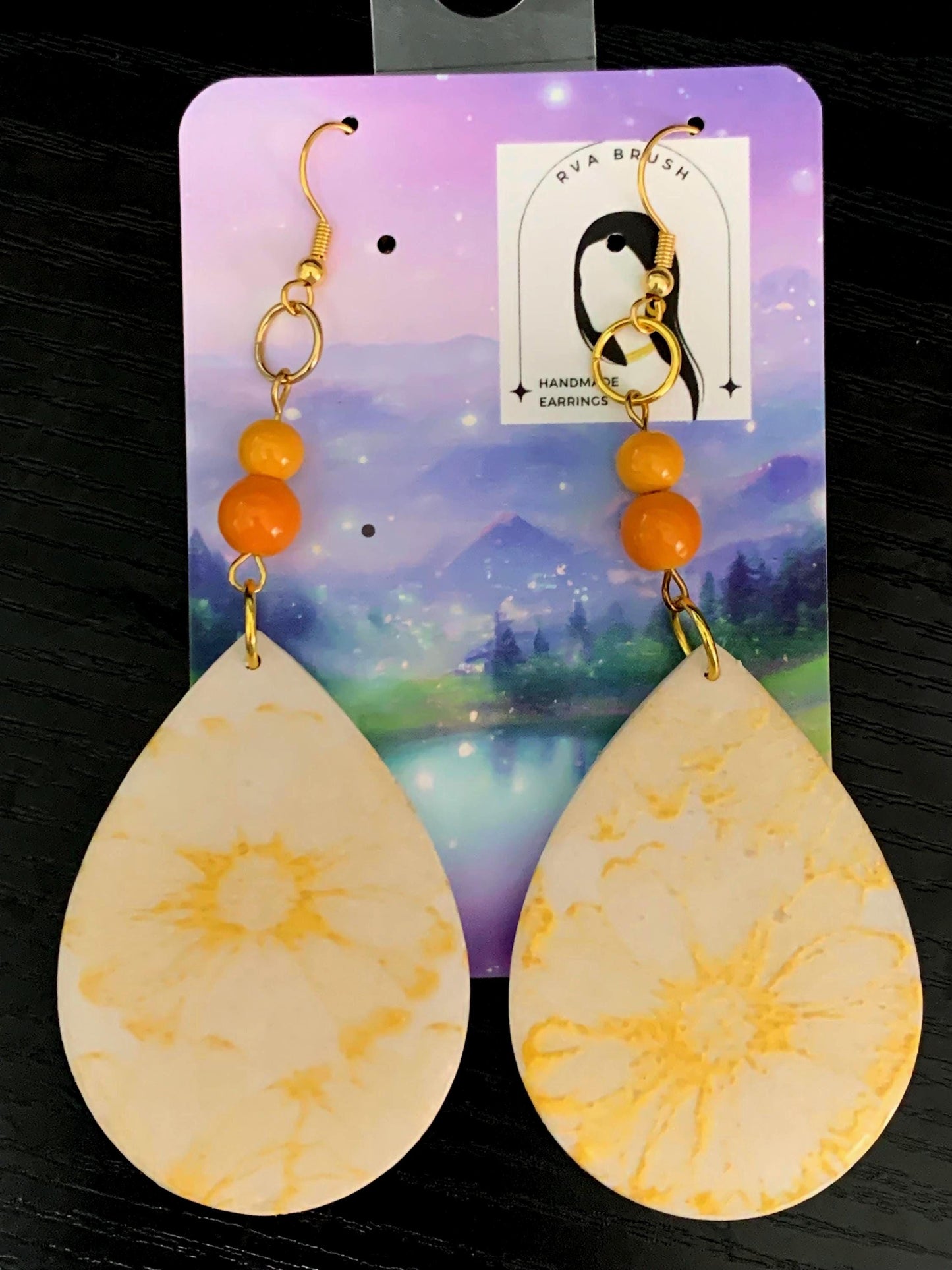 Yellow Flower Teardrop Clay Earrings with Orange Beads Lightweight Handmade Fall Jewelry Statement Style Gift for her