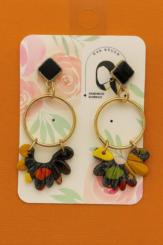 Fall Hoop Earrings Black Stud Top Handmade Resin Petals Autumn Dangle Jewelry Modern Statement Lightweight Gift for her