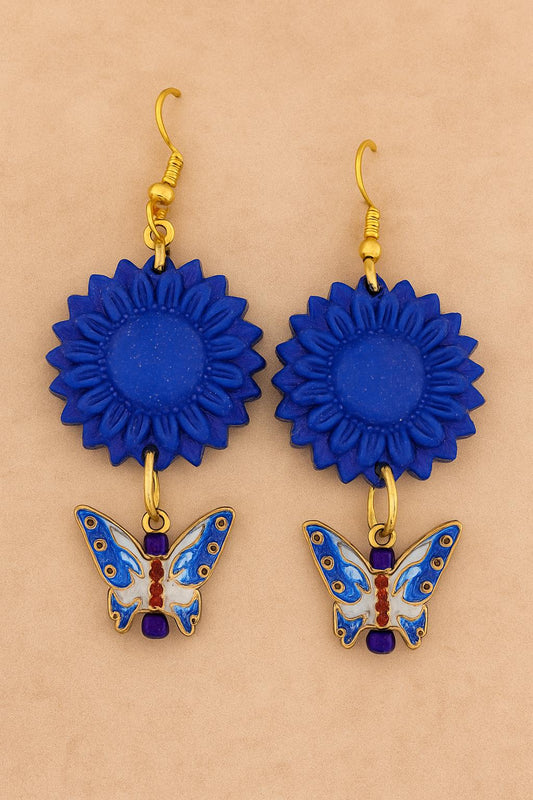 Blue Sunflower Butterfly Earrings Handmade Clay Dangle Jewelry Gold Hook Statement Gift for her