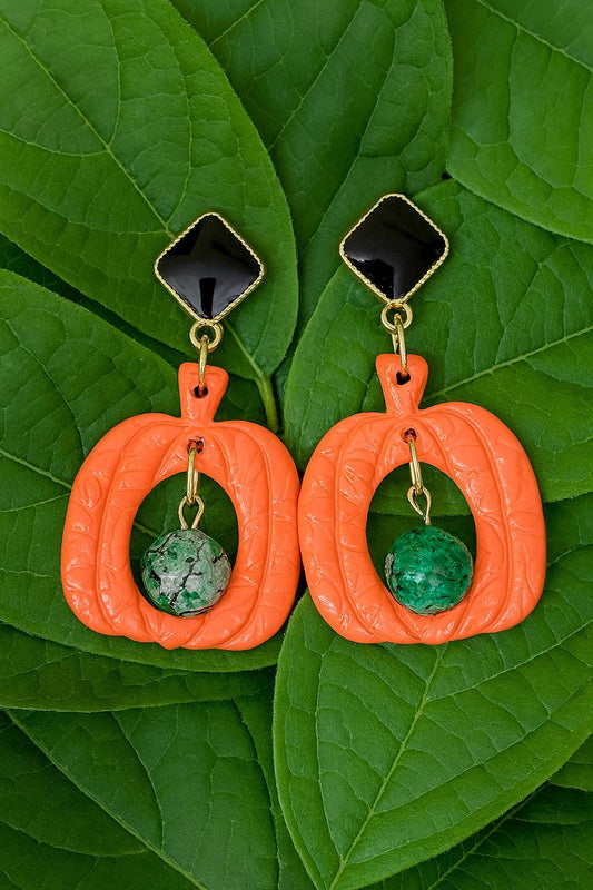 Fall Pumpkin Dangle Earrings with Green Gem Accents Polymer Clay Jewelry Black Stud Tops Handmade Autumn Style Gift for her