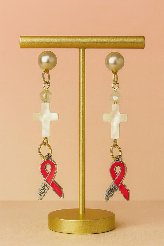 Breast Cancer Awareness Earrings with Cross and Hope Ribbon Dangle Pearl Stud Handmade Faith Jewelry October Gift for her