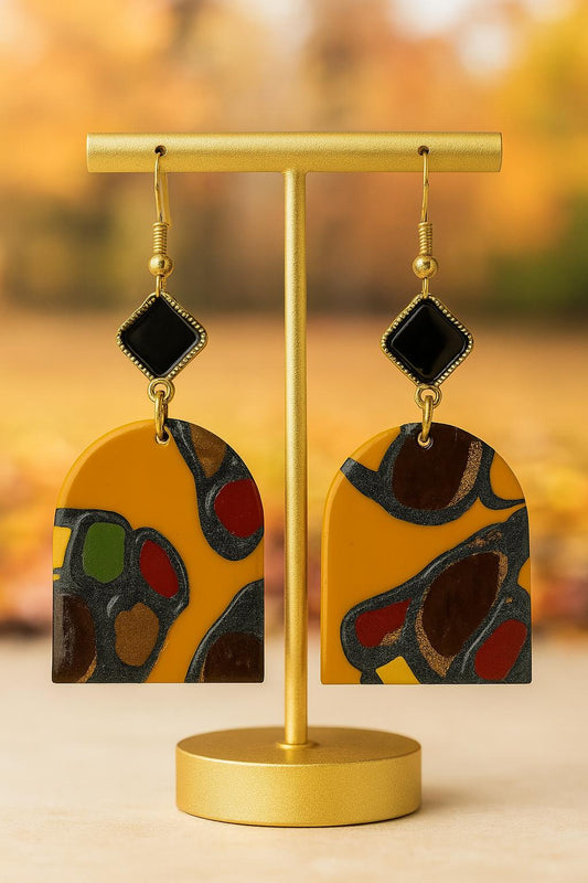 Fall Polymer Clay Earrings Abstract Mustard Dangles Black Stud Handmade Statement Jewelry Autumn Colors Gift for her Unique Fashion