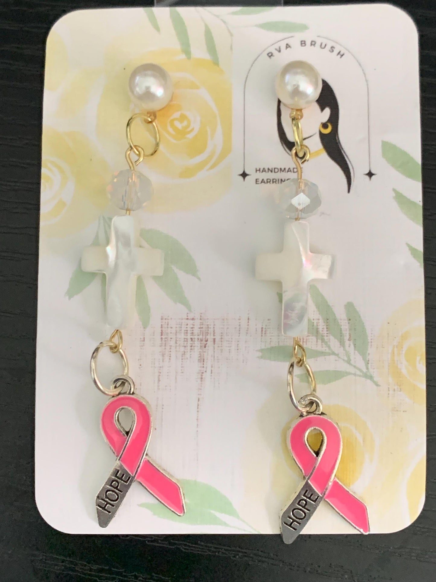 Breast Cancer Awareness Earrings with Cross and Hope Ribbon Dangle Pearl Stud Handmade Faith Jewelry October Gift for her