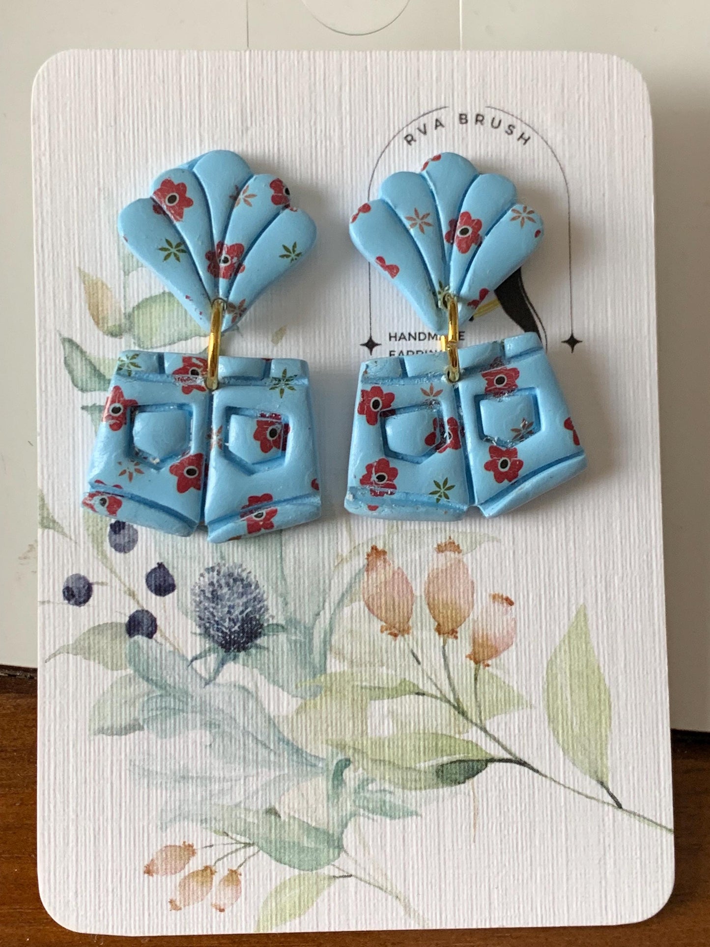 Playful Blue Seashell and Floral Shorts Earrings Polymer Clay Statement Jewelry Summer Beach Accessory Handmade Fun Gift for her Unique
