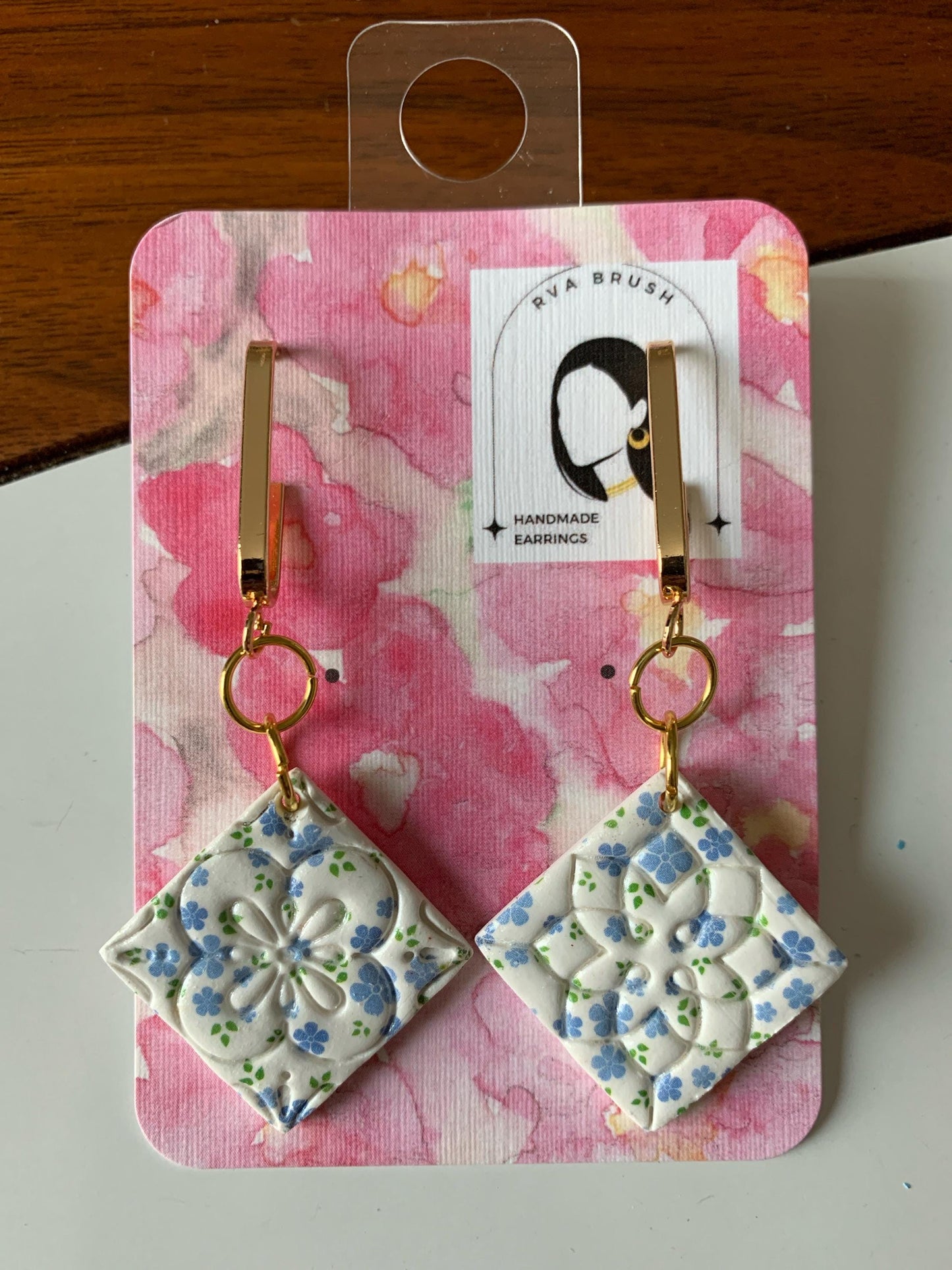 Blue Floral Tile Earrings Polymer Clay Handmade Lightweight Statement Jewelry Unique Art Deco Inspired Dangle Gift for her Summer Accessory