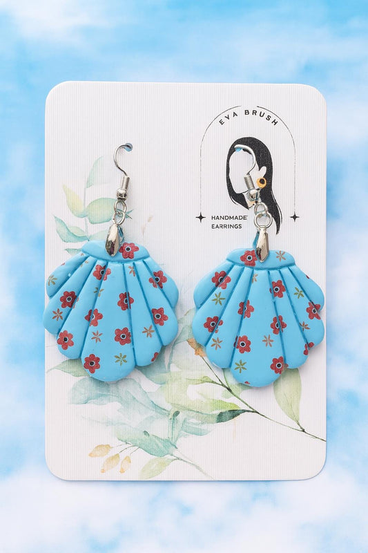 Ocean Blue Seashell Earrings Polymer Clay Dangle Lightweight Handmade Jewelry Nautical Summer Style Coastal Charm Gift for her Unique Look