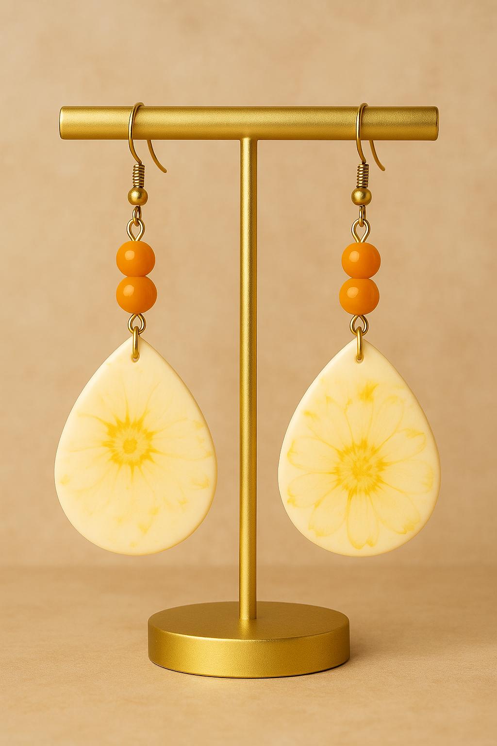 Yellow Flower Teardrop Clay Earrings with Orange Beads Lightweight Handmade Fall Jewelry Statement Style Gift for her
