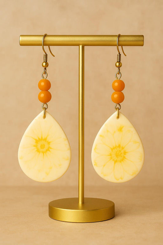 Yellow Flower Teardrop Clay Earrings with Orange Beads Lightweight Handmade Fall Jewelry Statement Style Gift for her