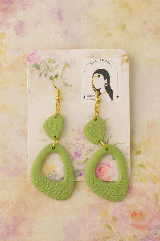 Green Botanical Polymer Clay Earrings Handmade Textured Nature Dangle Jewelry Earthy Organic Gift for her