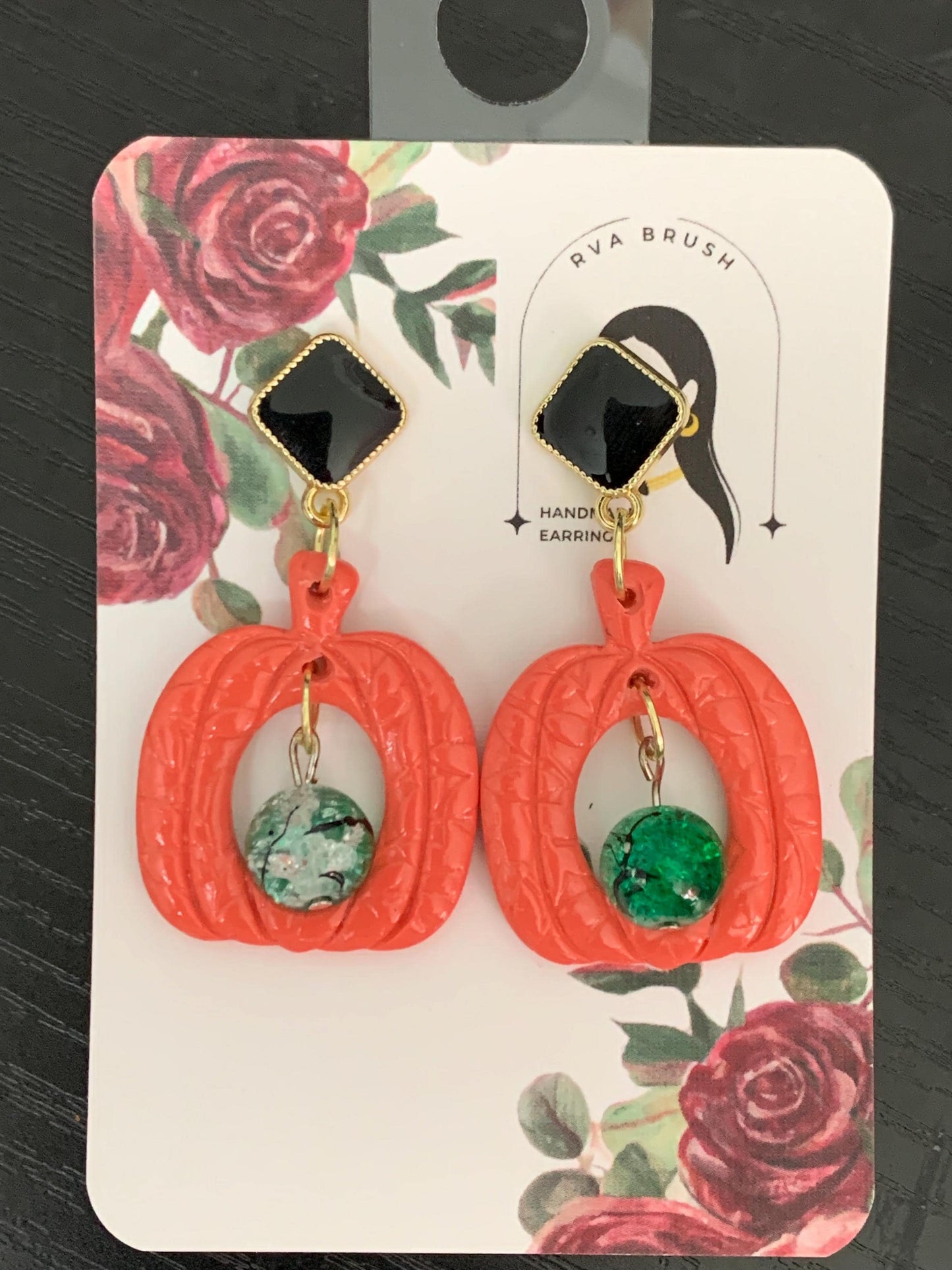 Fall Pumpkin Dangle Earrings with Green Gem Accents Polymer Clay Jewelry Black Stud Tops Handmade Autumn Style Gift for her