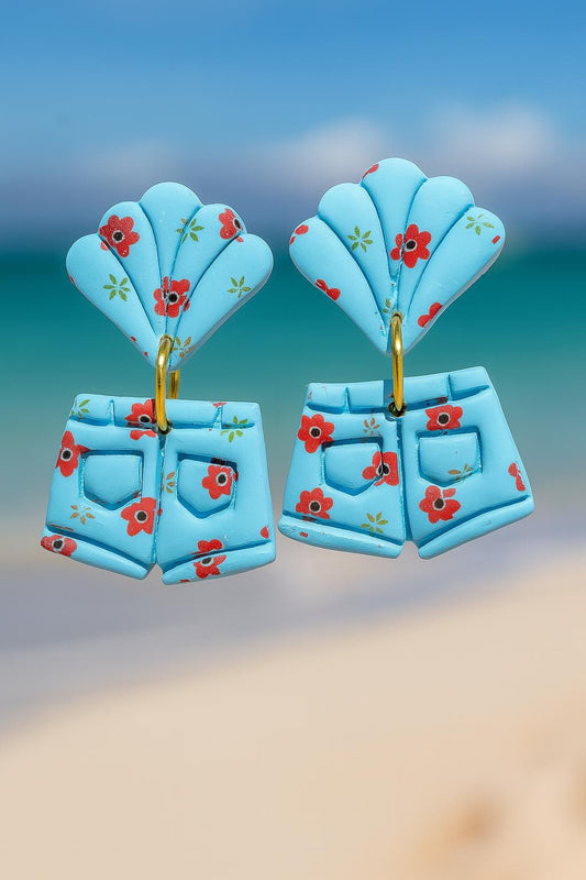 Playful Blue Seashell and Floral Shorts Earrings Polymer Clay Statement Jewelry Summer Beach Accessory Handmade Fun Gift for her Unique