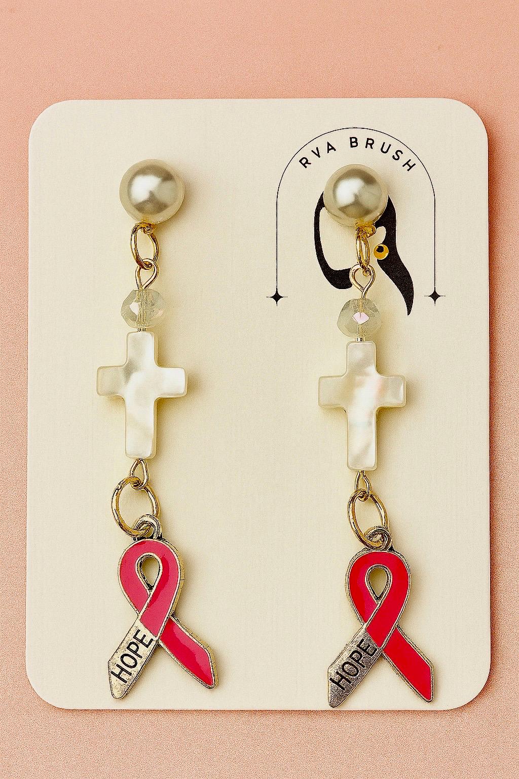 Breast Cancer Awareness Earrings with Cross and Hope Ribbon Dangle Pearl Stud Handmade Faith Jewelry October Gift for her