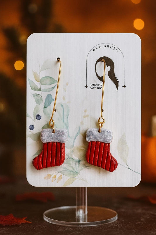 Christmas Stocking Earrings Handmade Polymer Clay Holiday Jewelry Festive Red and Silver Dangle Earrings Winter Accessory Gift for her
