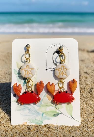 Red Crab Beach Earrings with Sand Dollar Studs Lightweight Summer Dangle Jewelry Coastal Statement Style Gift for her