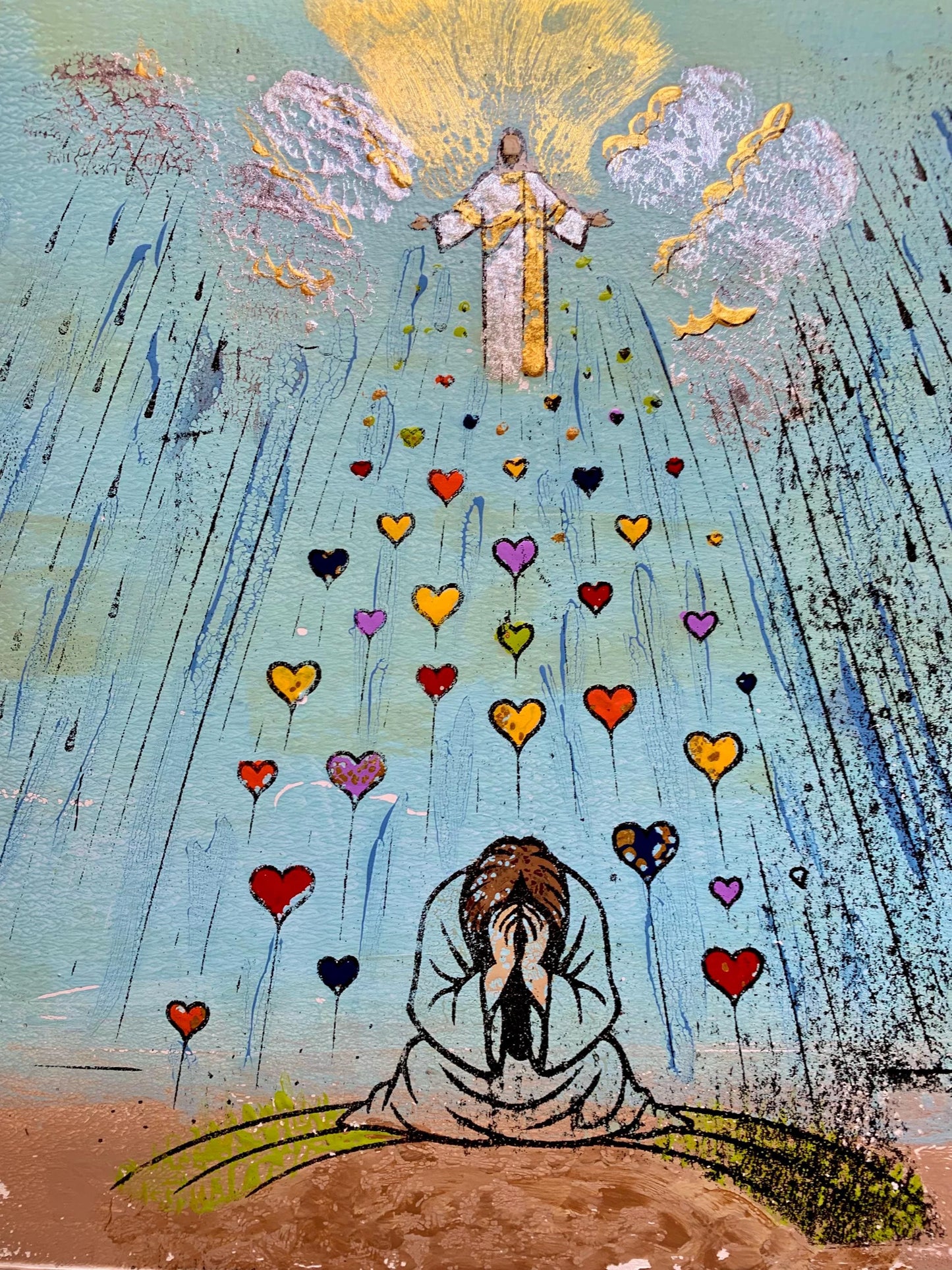 Fall Like Rain Christian Wall Art Original Handmade 8x10 Monoprint Religious Home Decor Jesus Love Faith Based Gift  Artist Signed