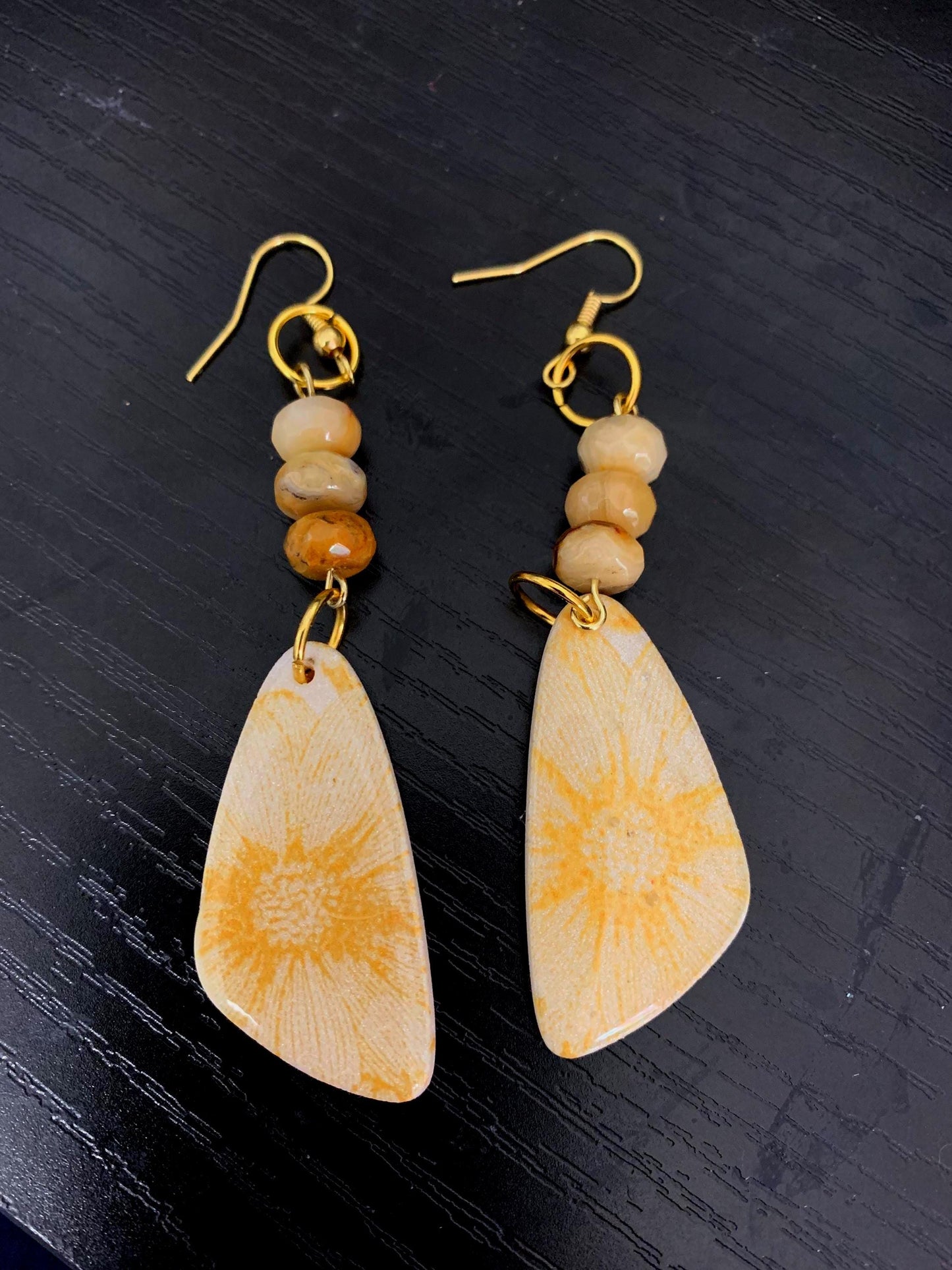 Sunburst yellow floral drop earrings with gemstone beads boho chic handmade design lightweight dangles summer style Gift for her