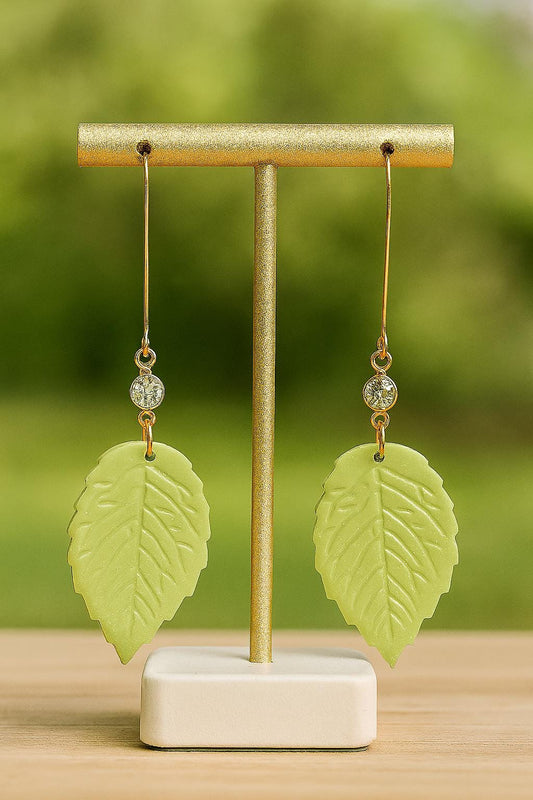 Green leaf dangle earrings polymer clay with crystal accent lightweight nature inspired handmade botanical jewelry Gift for her