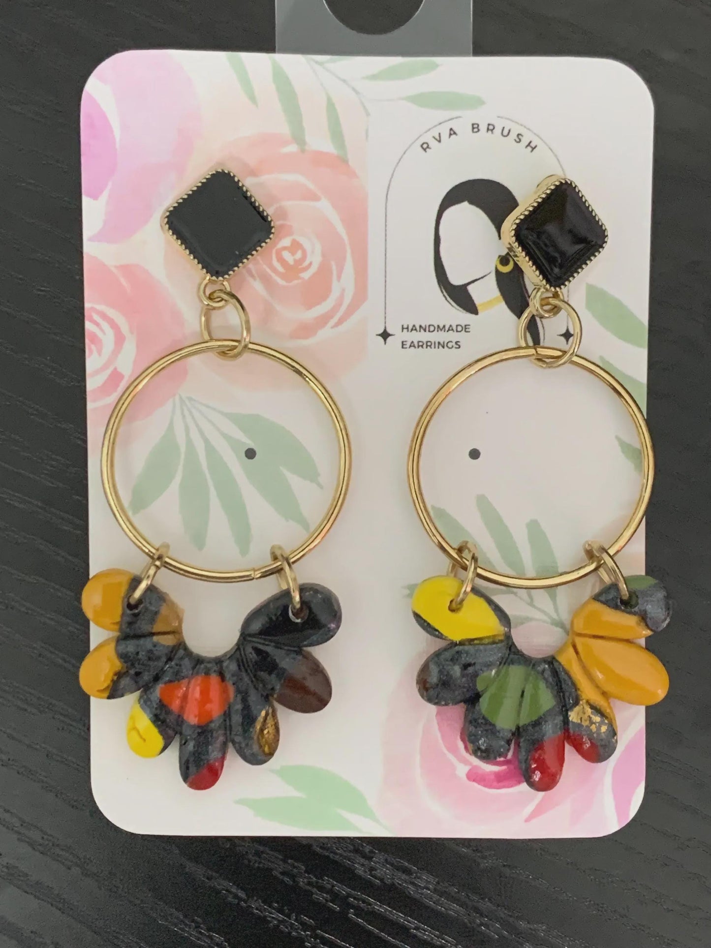 Fall Hoop Earrings Black Stud Top Handmade Resin Petals Autumn Dangle Jewelry Modern Statement Lightweight Gift for her
