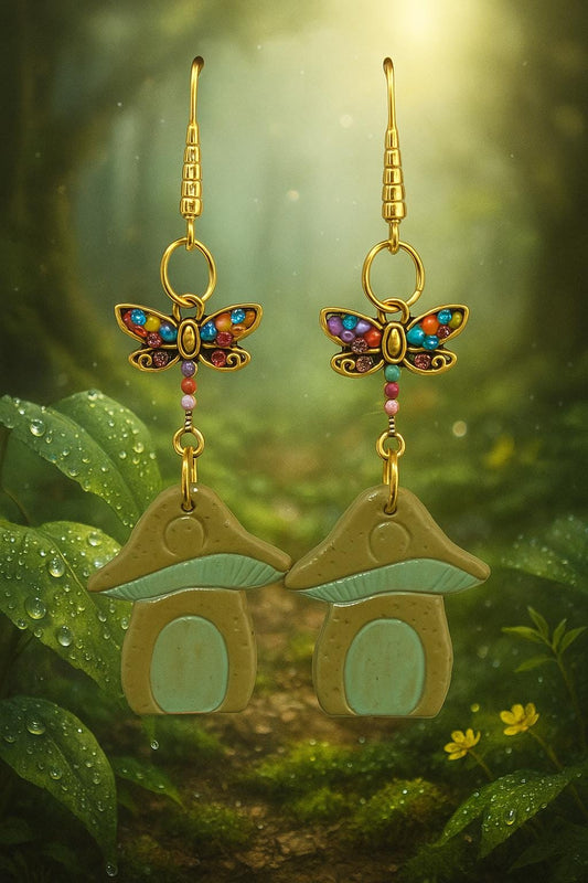 Handmade polymer clay mushroom and butterfly dangle earrings boho forest fantasy lightweight unique jewelry cottagecore magical Gift for her