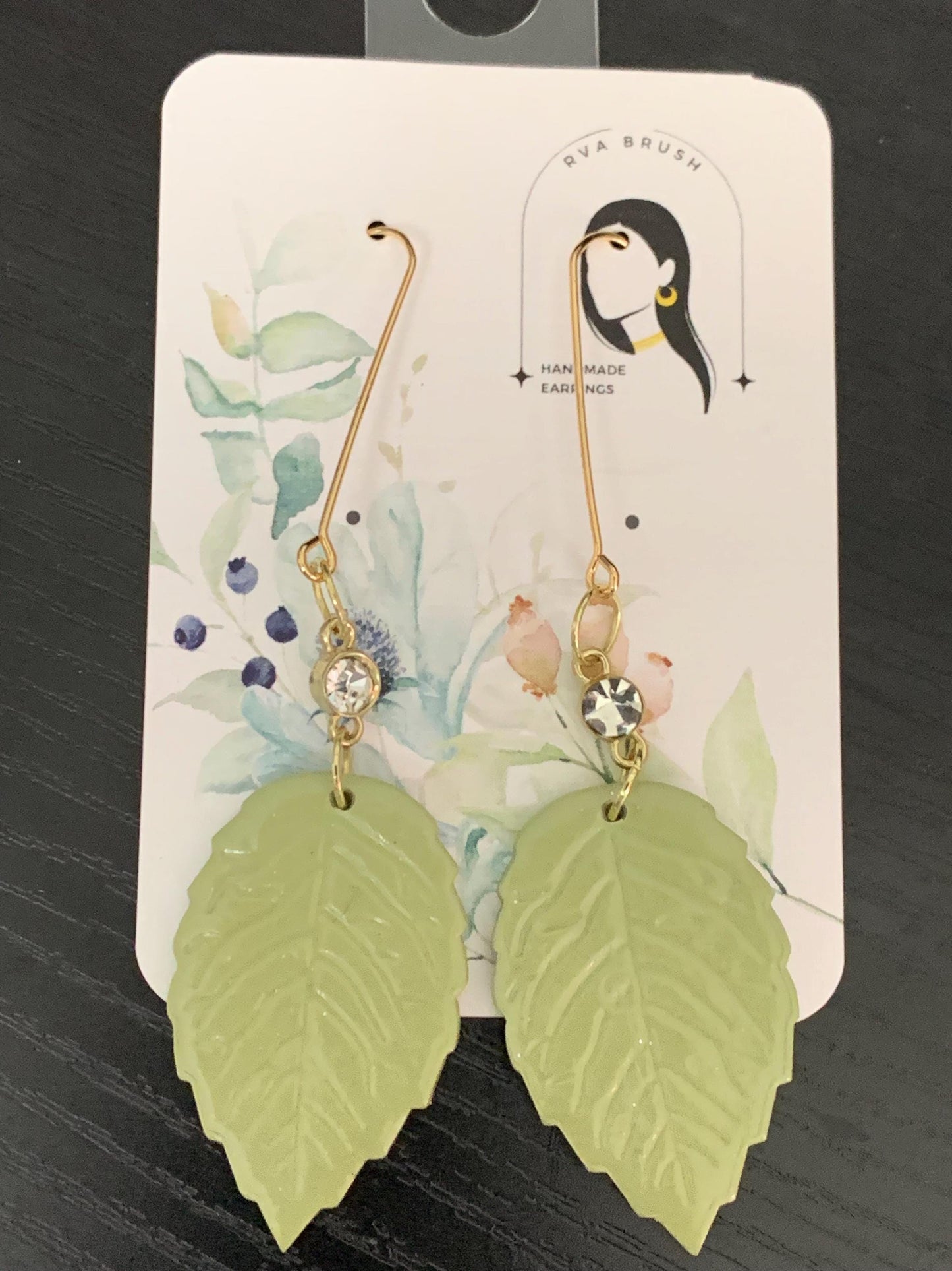 Green leaf dangle earrings polymer clay with crystal accent lightweight nature inspired handmade botanical jewelry Gift for her