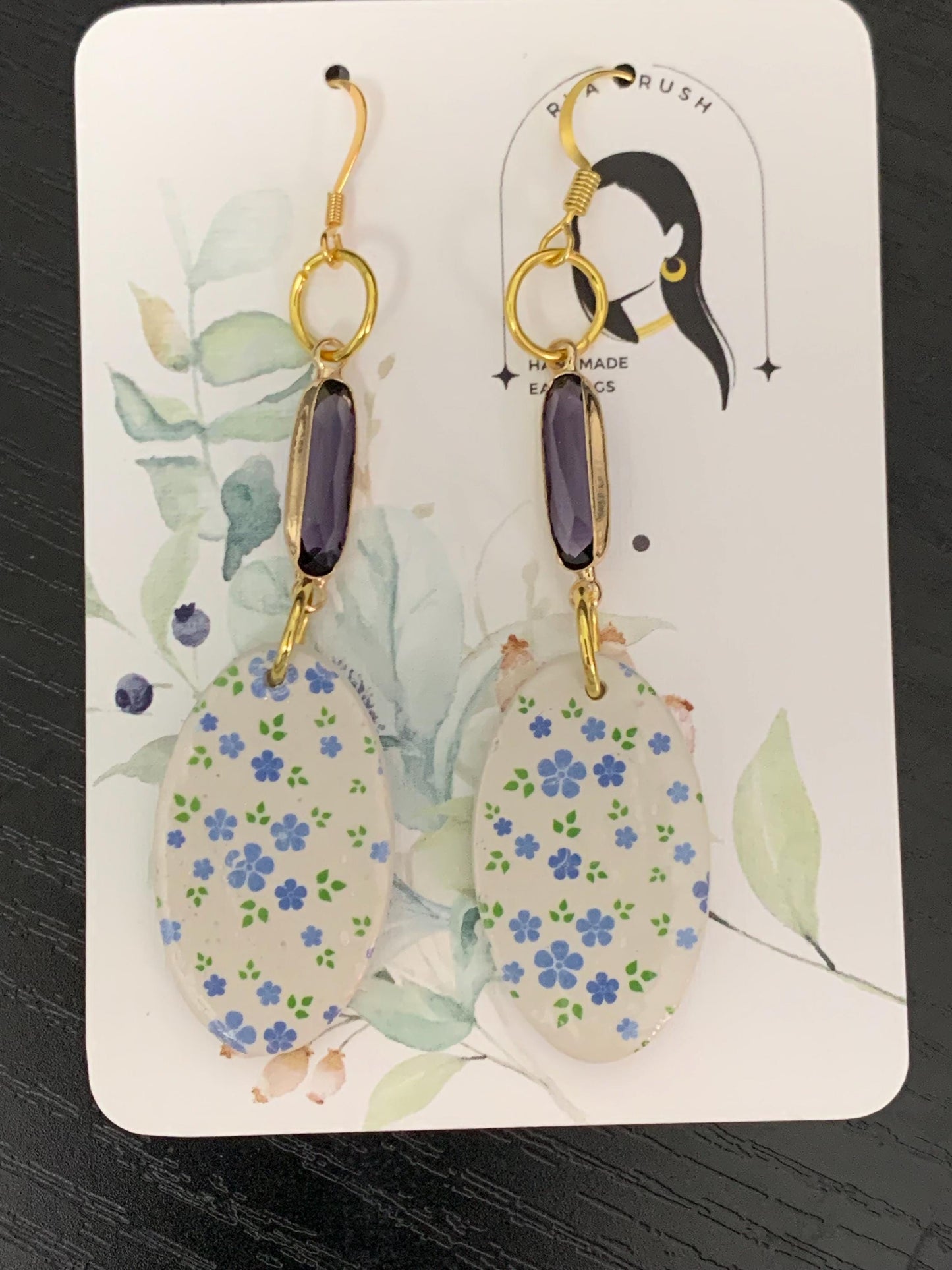 Floral polymer clay earrings with purple gemstone accent gold dangle lightweight oval earrings handmade vintage inspired Gift for her