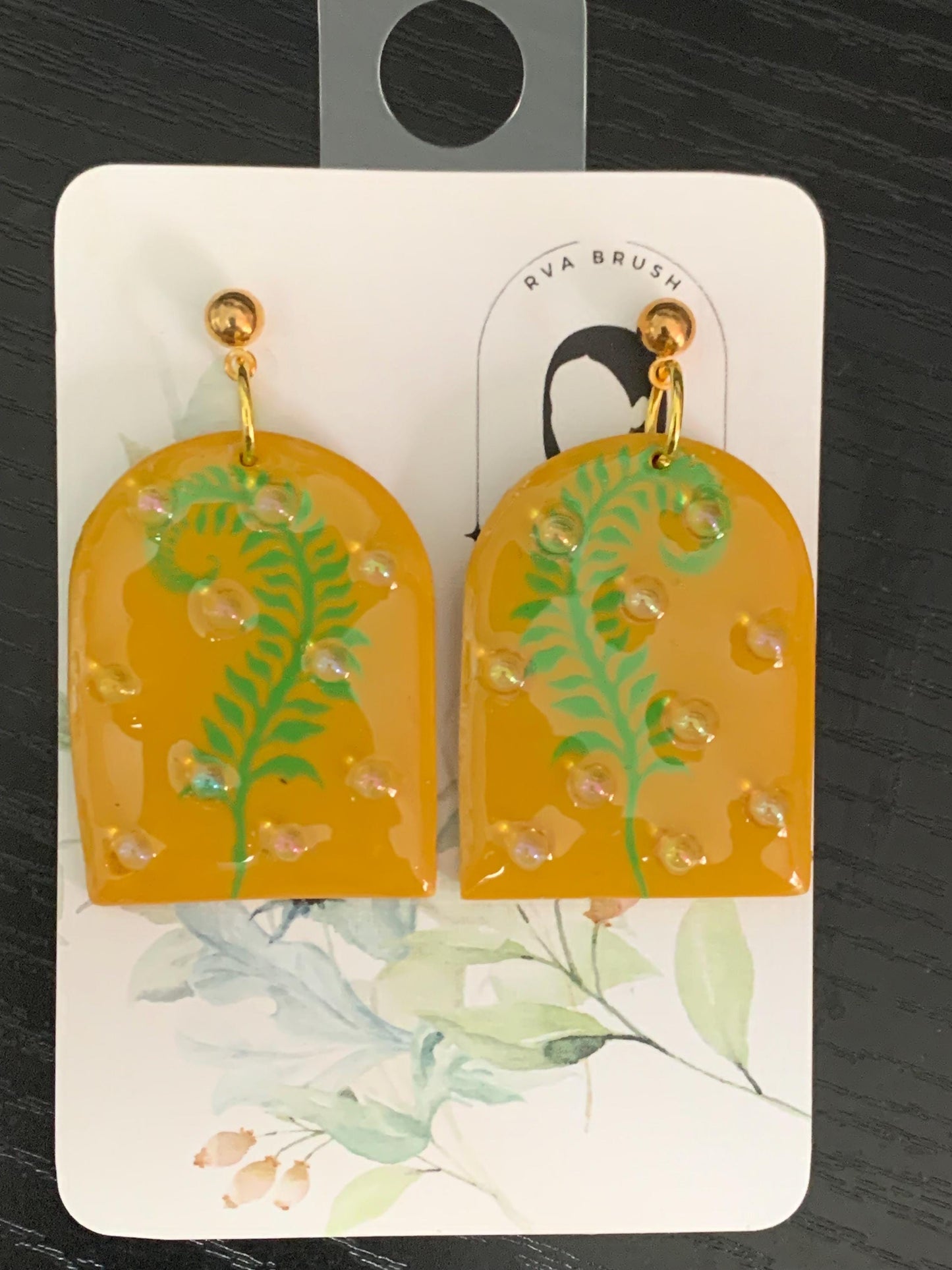 Fern Leaf Amber Polymer Clay Earrings Botanical Resin Dangle Handmade Nature Inspired Statement Jewelry Gift for her