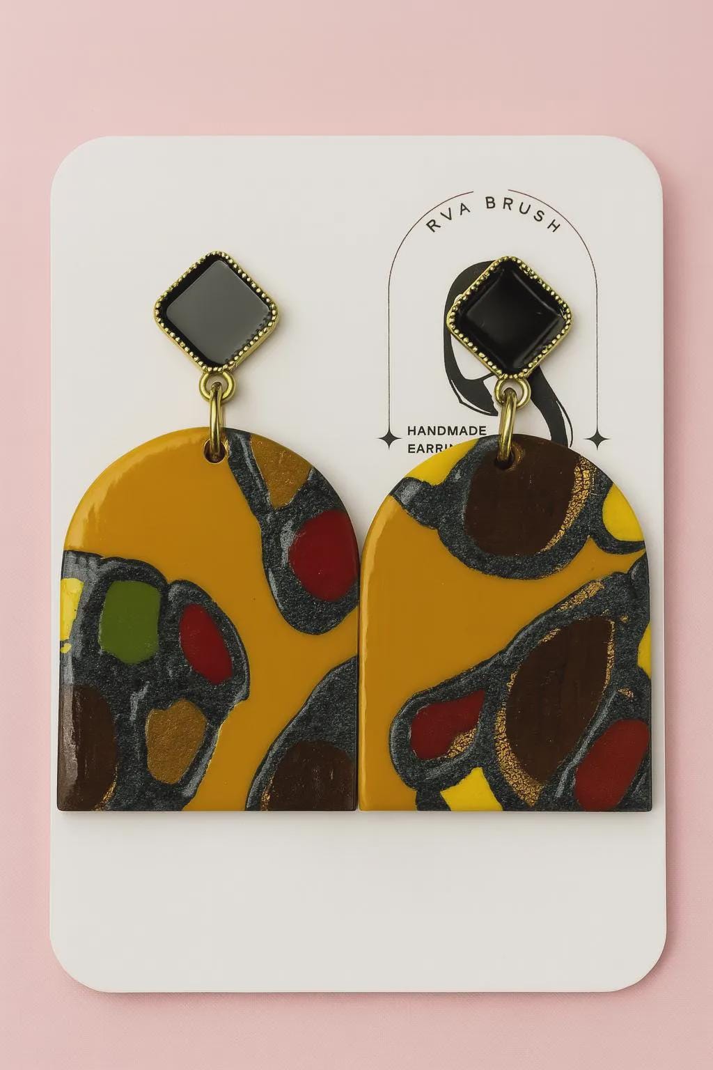 Fall Polymer Clay Earrings Abstract Mustard Dangles Black Stud Handmade Statement Jewelry Autumn Colors Gift for her Unique Fashion