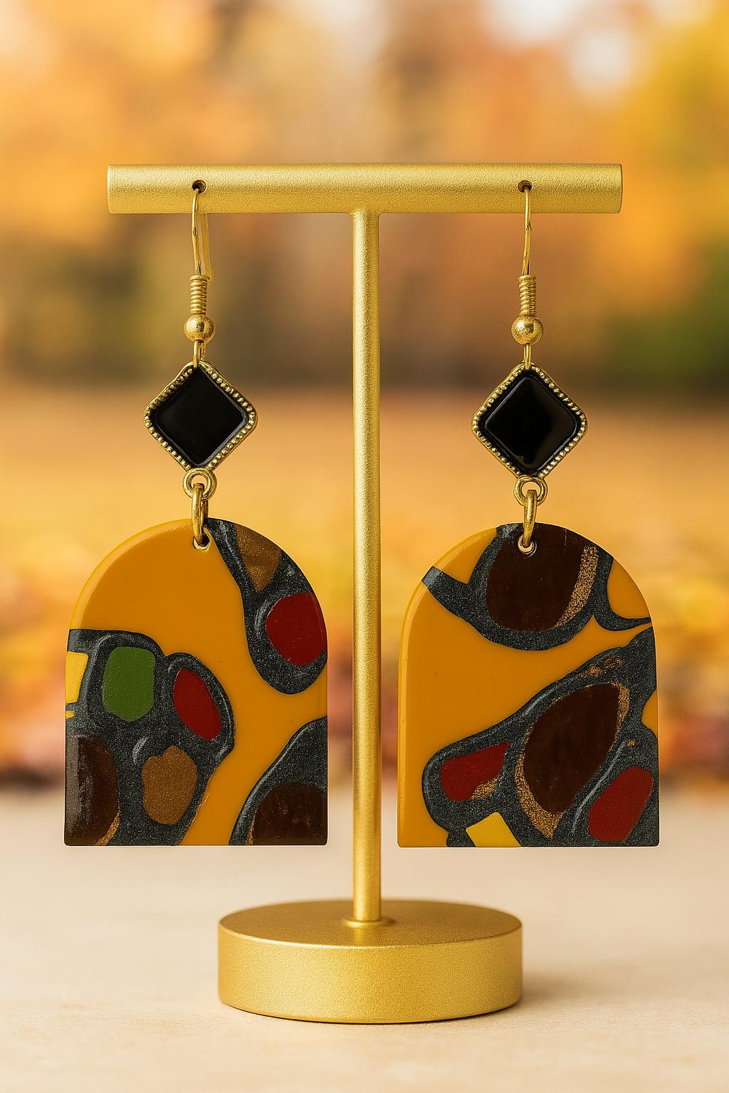 Fall Polymer Clay Earrings Abstract Mustard Dangles Black Stud Handmade Statement Jewelry Autumn Colors Gift for her Unique Fashion