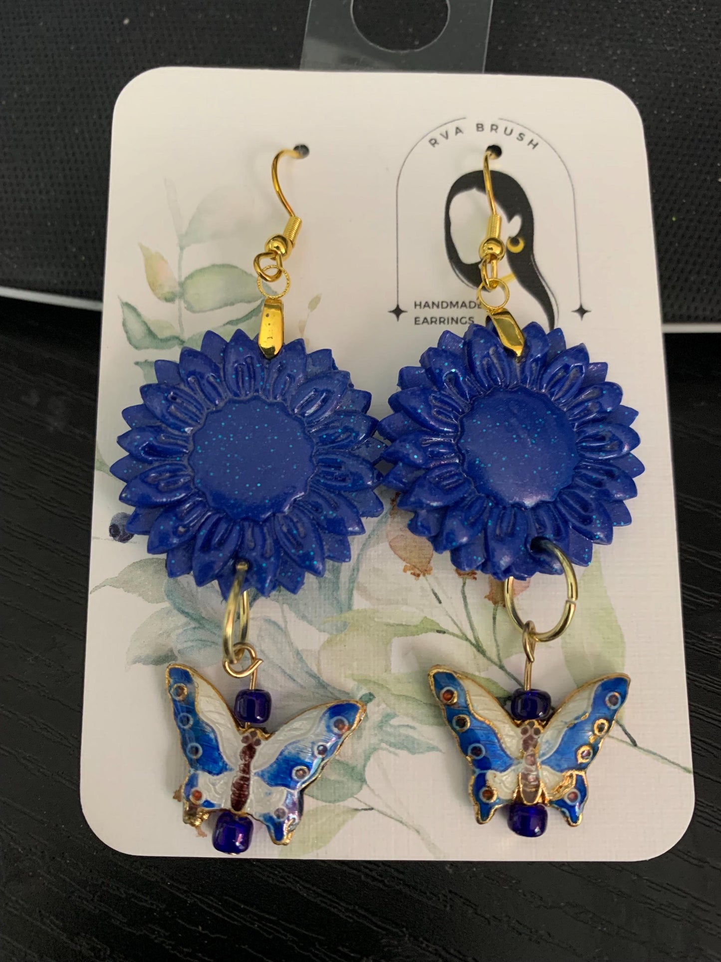 Blue Sunflower Butterfly Earrings Handmade Clay Dangle Jewelry Gold Hook Statement Gift for her