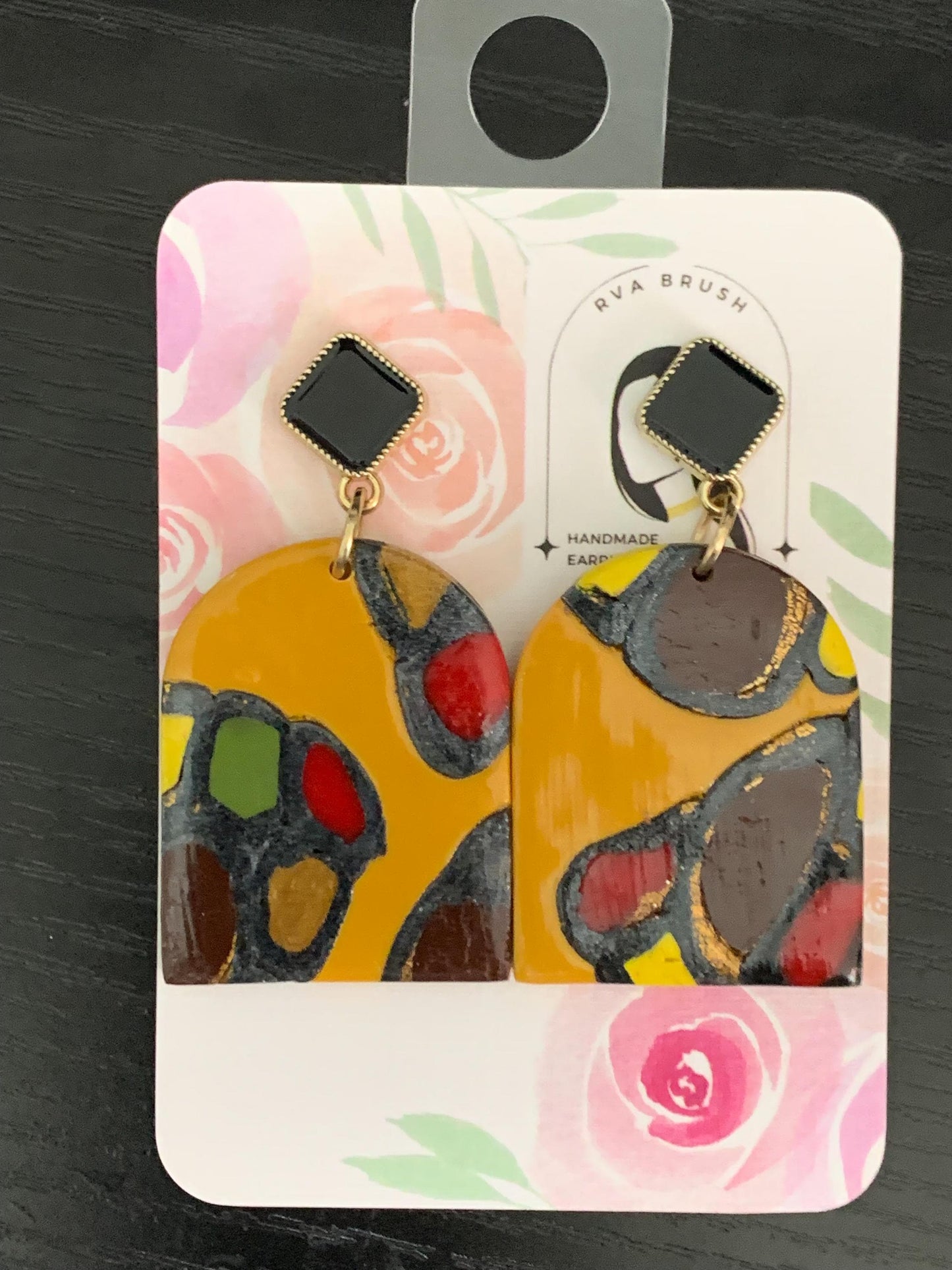 Fall Polymer Clay Earrings Abstract Mustard Dangles Black Stud Handmade Statement Jewelry Autumn Colors Gift for her Unique Fashion