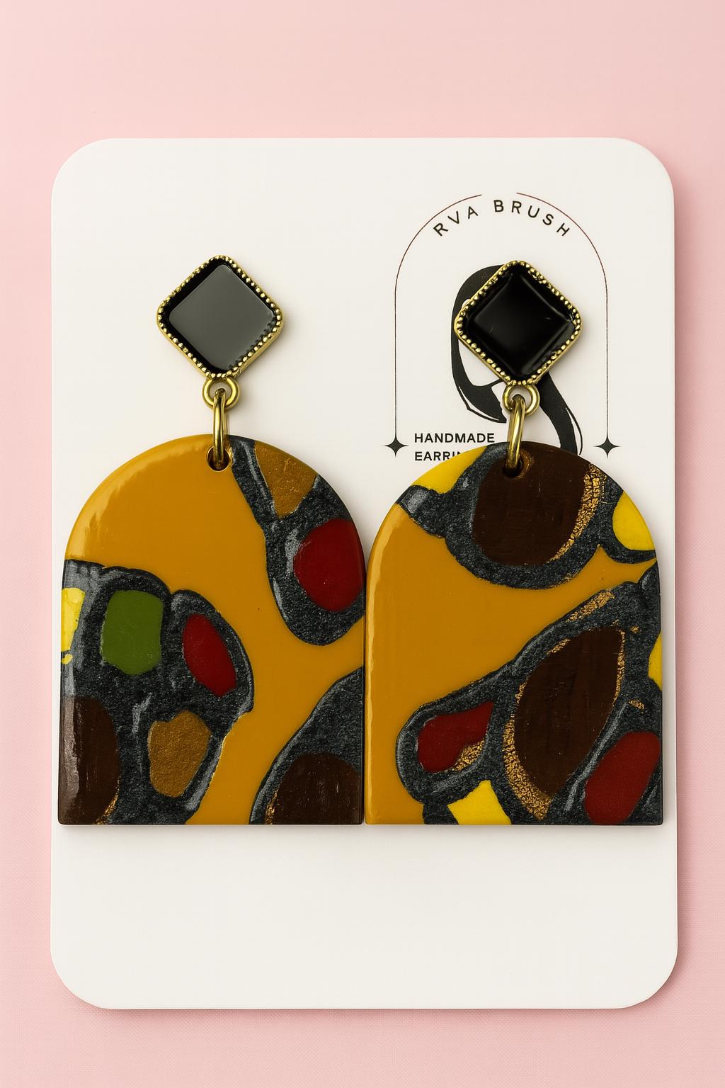 Fall Polymer Clay Earrings Abstract Mustard Dangles Black Stud Handmade Statement Jewelry Autumn Colors Gift for her Unique Fashion